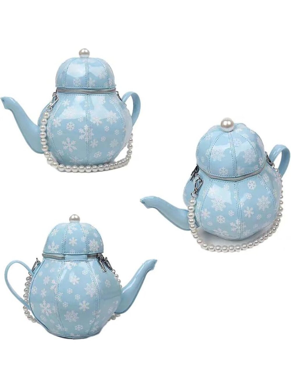Women’s Teapot Blue Purse Floral Pu Leather Crossbody Bag With Pearl Chains - Picture 3 of 6